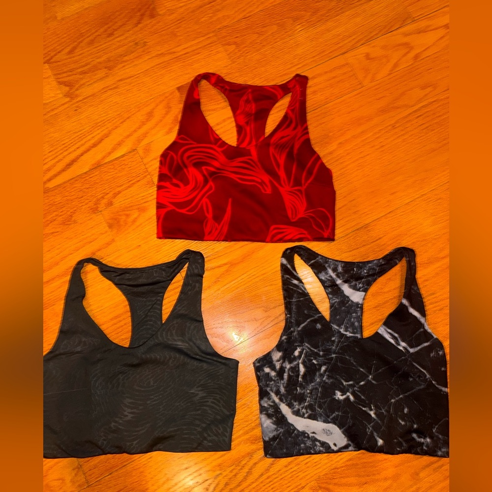 🍎Zella 3 Racerback Sports Bras in Red Swirl, Black & Black Marble